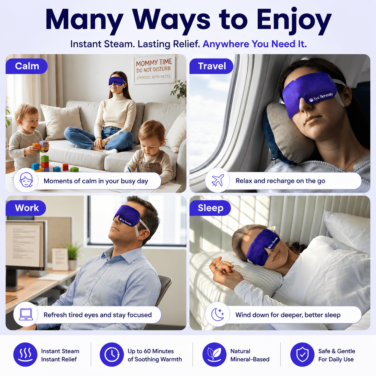 Lure Essentials Eye Serenity steam eye mask, self-heating warm compress for dry eyes, puffiness, sleep, and travel comfort.