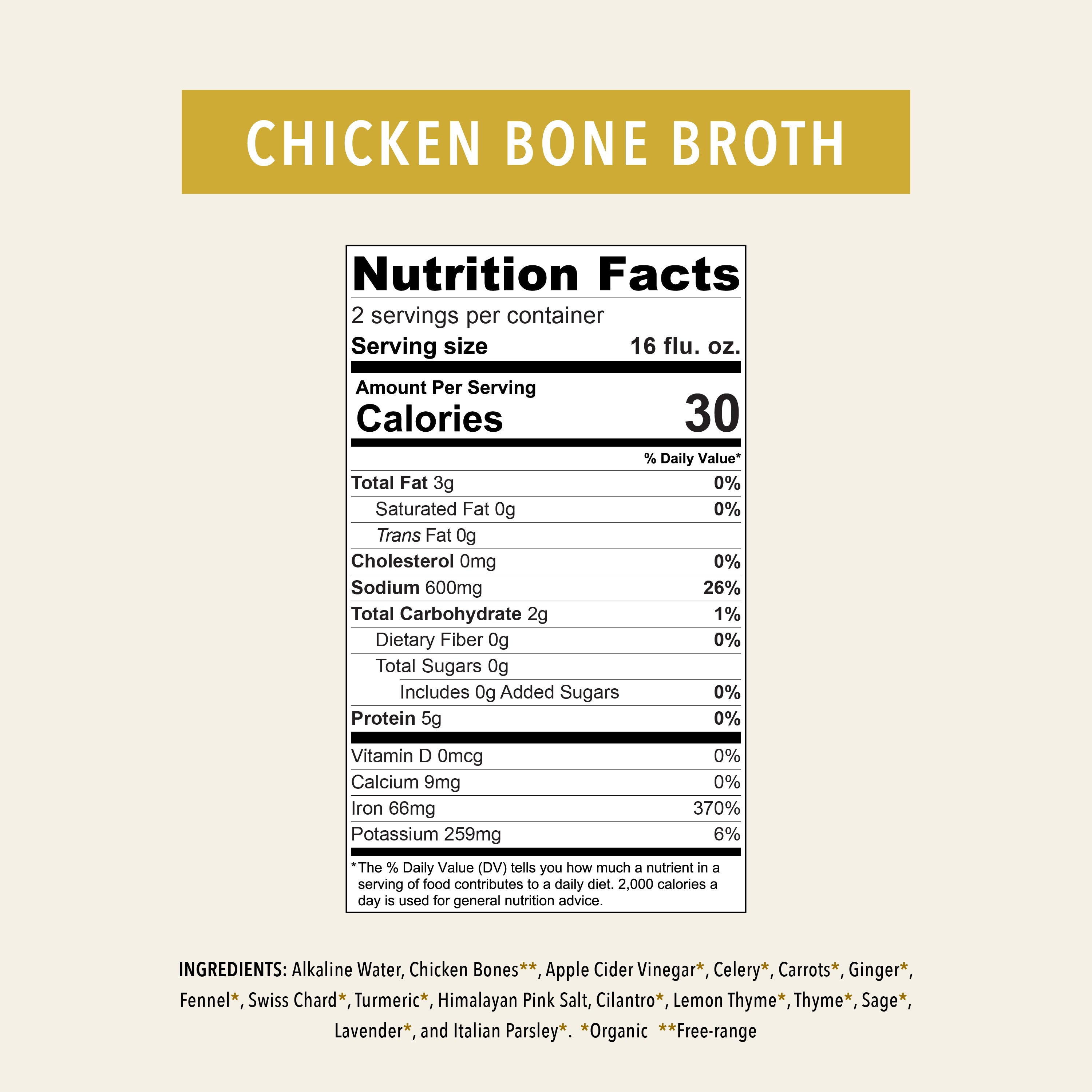 Organic chicken bone broth elixir by OWL Venice, showing nutrition facts and a clear glass jar of the nourishing bone broth.