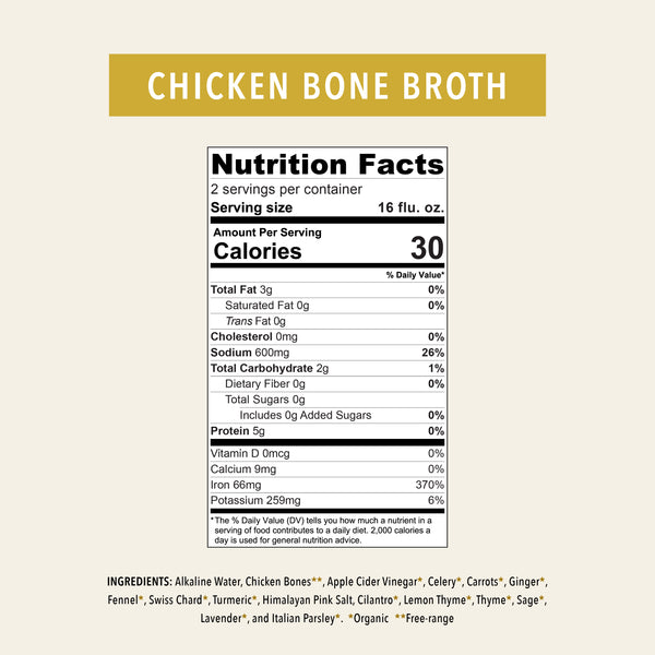 Organic chicken bone broth elixir by OWL Venice, showing nutrition facts and a clear glass jar of the nourishing bone broth.