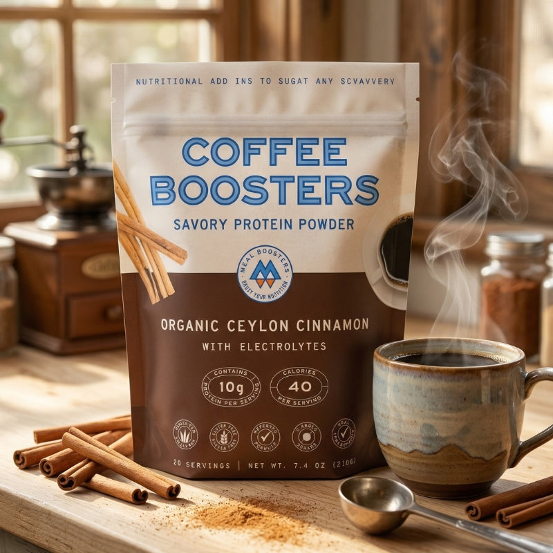 Cinnamon Coffee Boosters collagen and electrolytes protein powder from Meal Boosters in a jar with cinnamon sticks.