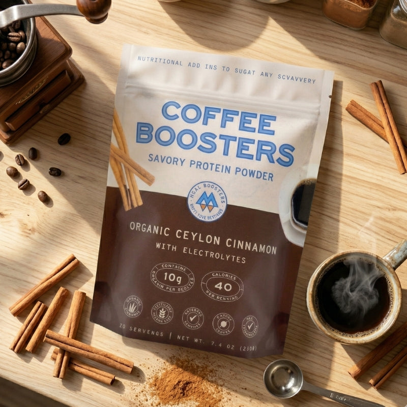 Flat lay of Meal Boosters Cinnamon Coffee Boosters protein powder container with cinnamon sticks and a spoon on a neutral background.