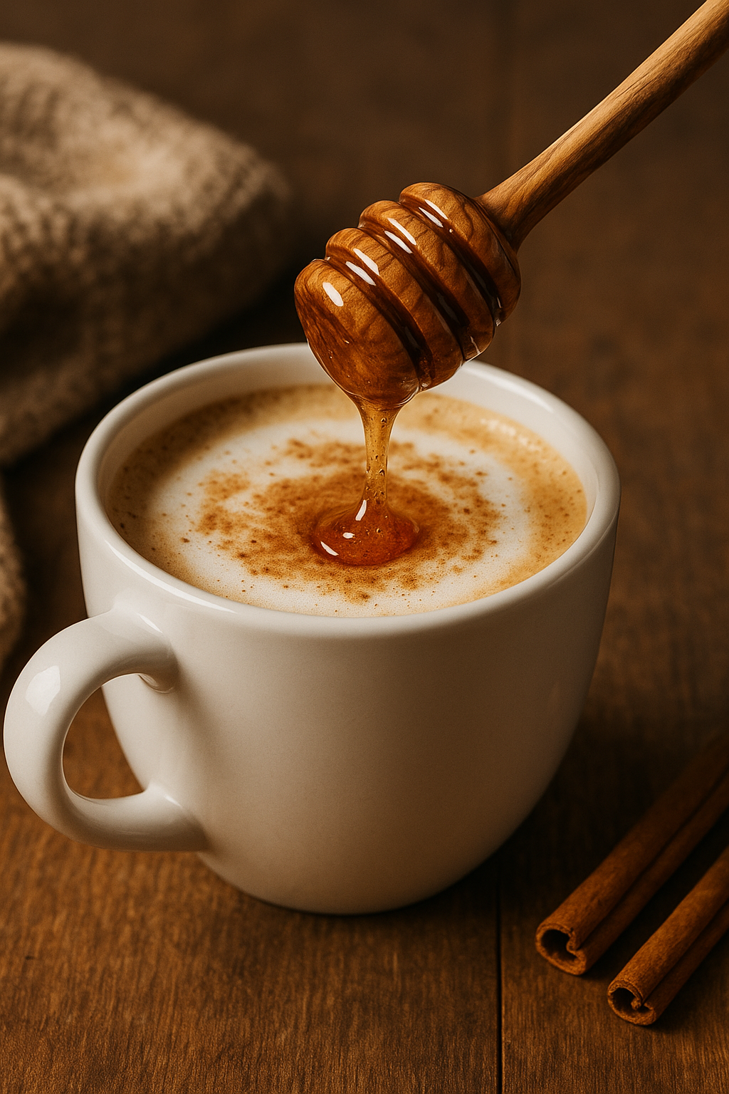 Creamy cinnamon dolce whipped honey from Inspira Homestead added to a coffee cup, showcasing a rich, flavorful honey topping.