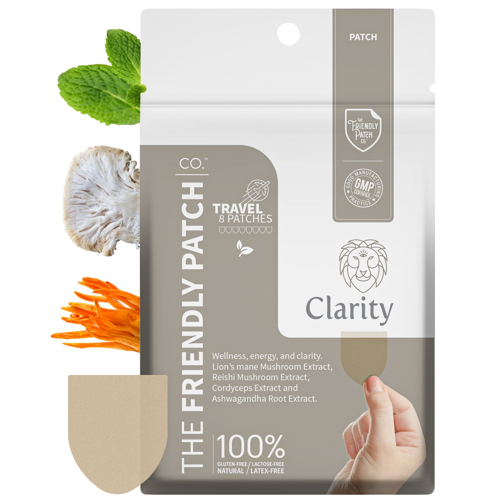 Clarity Focus Patch with Lions Mane, Reishi, and Cordyceps mushrooms by Friendly Patch Co, showing eight mushroom patches on skin