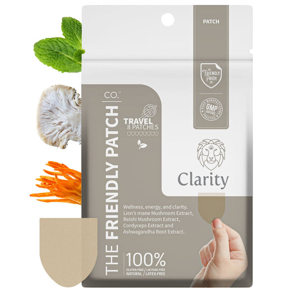 Clarity Focus Patch with Lions Mane, Reishi, and Cordyceps mushrooms by Friendly Patch Co, showing eight mushroom patches on skin