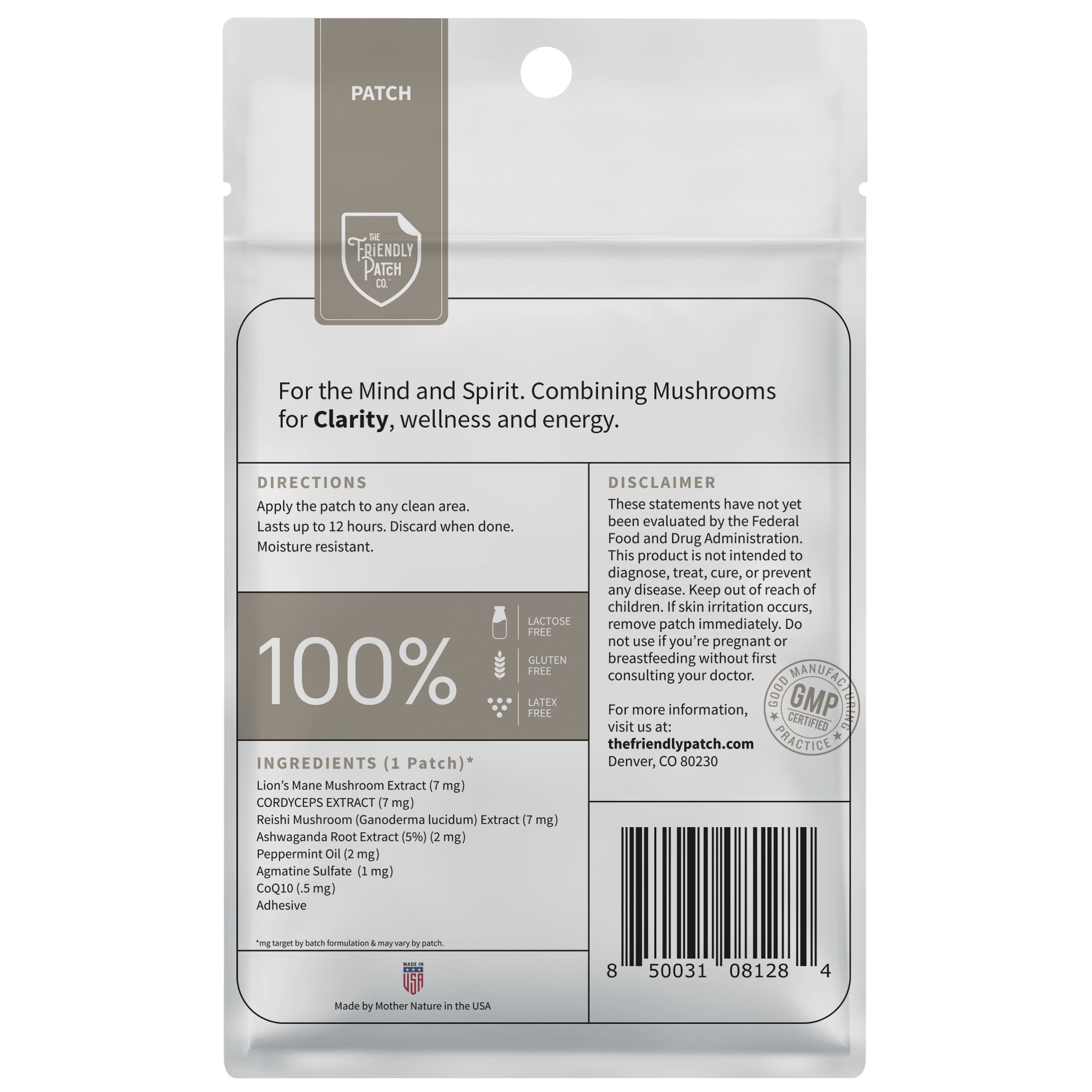Back of Clarity Focus Patch featuring Lions Mane, Reishi mushroom, and cordyceps for mental clarity and focus.
