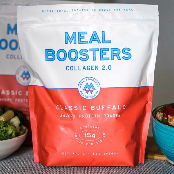 Classic Buffalo Collagen+ Protein Blend powder pouch from Meal Boosters, showcasing the protein powder packaging.