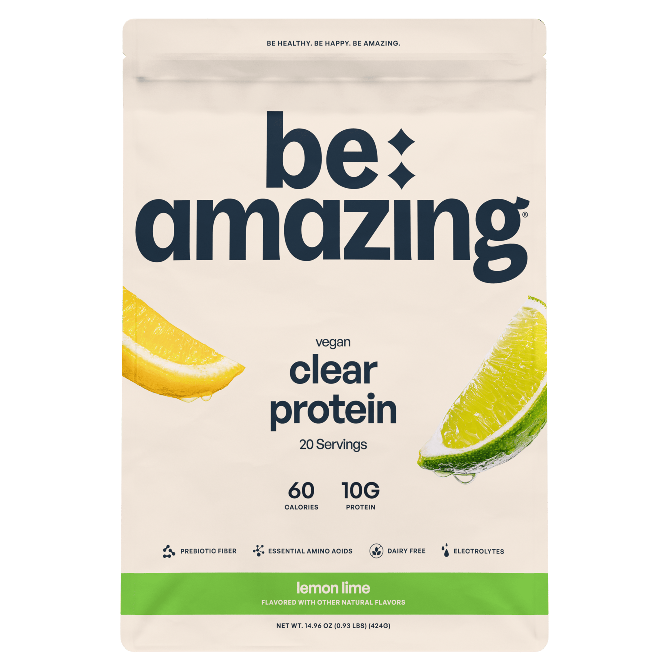 Be Amazing clear vegan protein drink with lemon and lime flavor, showcasing a refreshing, transparent beverage in a clear bottle.