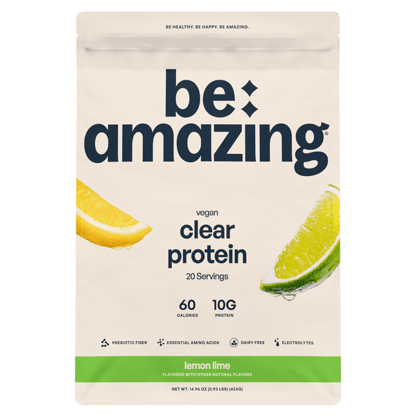 Be Amazing clear vegan protein drink with lemon and lime flavor, showcasing a refreshing, transparent beverage in a clear bottle.