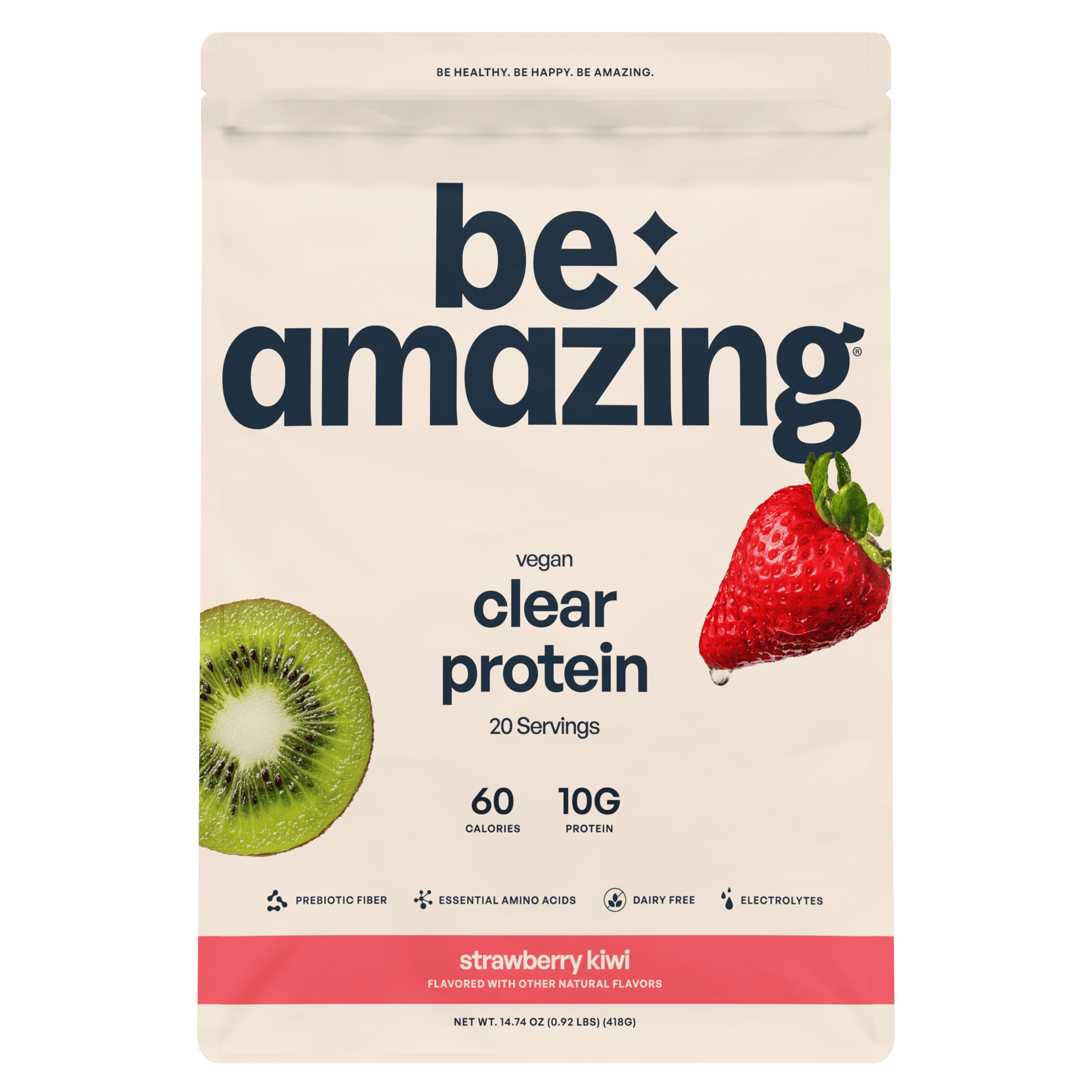 Be Amazing clear vegan protein drink with strawberry kiwi flavor, showcasing the transparent bottle and vibrant fruit ingredients.