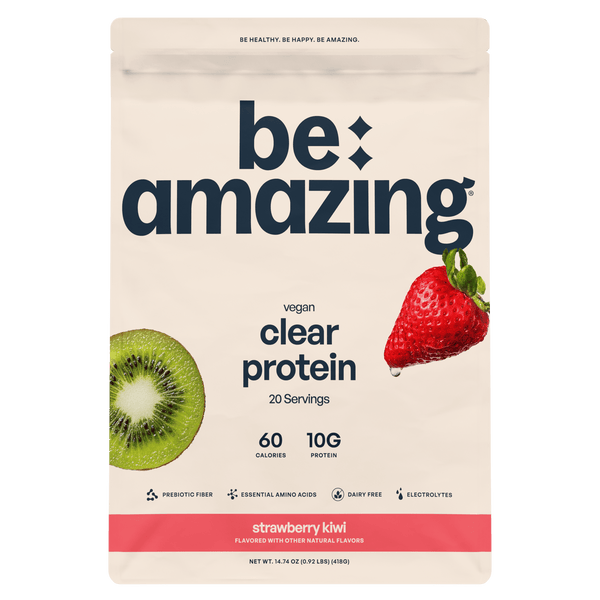 Be Amazing clear vegan protein drink with strawberry kiwi flavor, showcasing the transparent bottle and vibrant fruit ingredients.