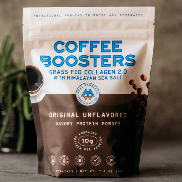Unflavored collagen and electrolytes coffee booster protein powder by Meal Boosters in a jar with scoop