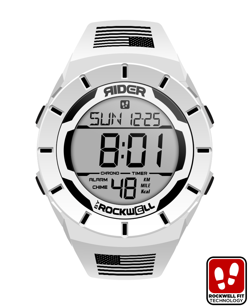 Digital Coliseum Fit™ Freedom Edition watch by Rockwell Time in white and black, displayed from the front showing the watch face.