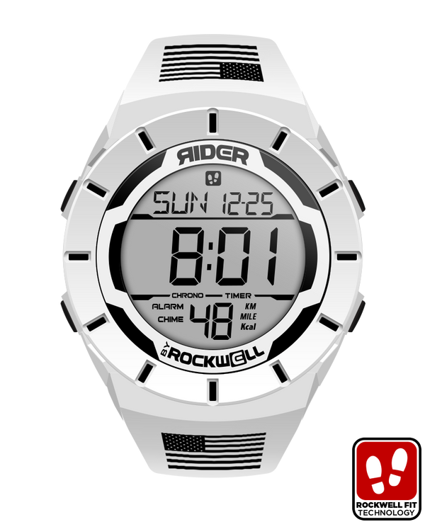 Digital Coliseum Fit™ Freedom Edition watch by Rockwell Time in white and black, displayed from the front showing the watch face.