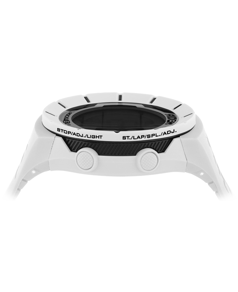 Digital Coliseum Fit™ Freedom Edition watch by Rockwell Time in white and black, showing the watch face and side view.