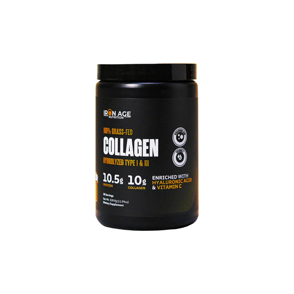 Front view of Iron Age Nutrition Collagen Powder with Type I & III, grass-fed collagen supplement in a white container.