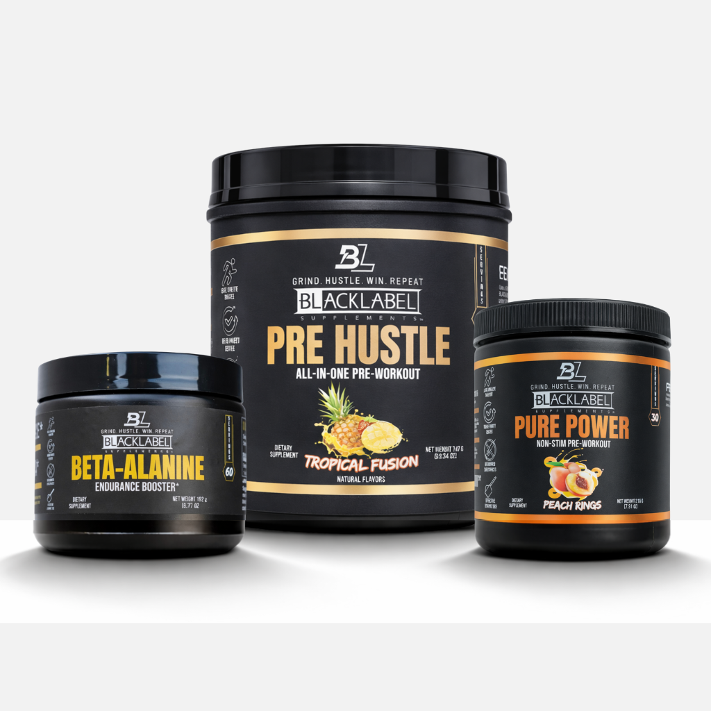 BlackLabel Supplements Performance Stack with creatine supplement in a clear container and scoop for enhanced athletic performance.