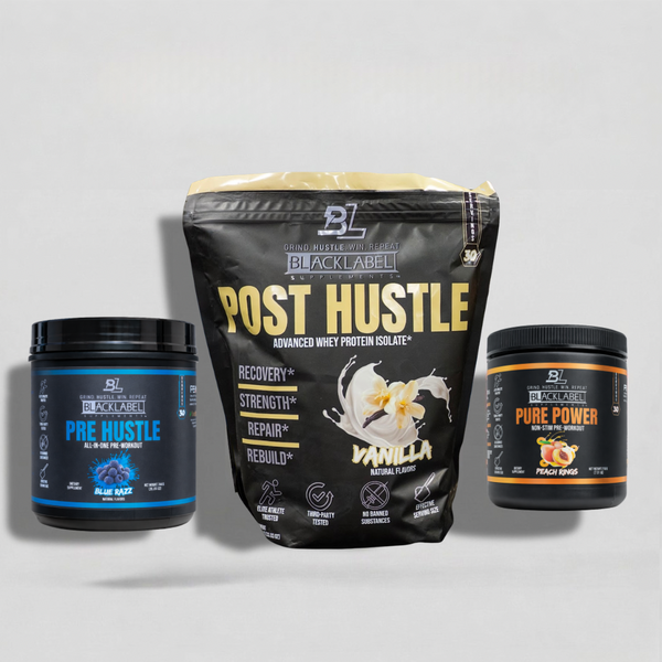 BlackLabel Supplements Training Stack copy of Creatine supplement container with label and scoop, used for muscle building and energy.