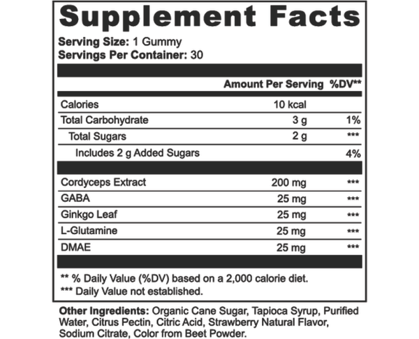 Cordyceps Energy Gummies by Midwest Method with strawberry flavor, showing supplement facts and mushroom product details.