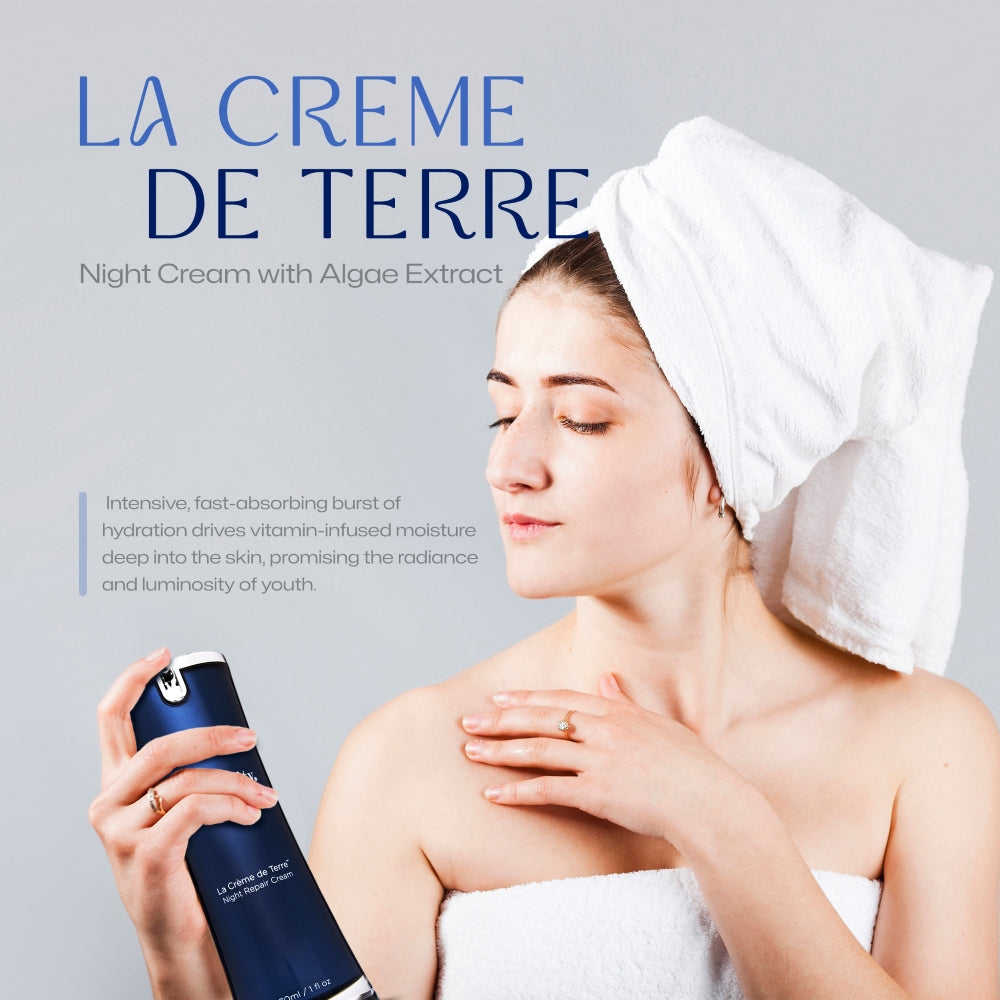 SkinSanity® Le Creme de Terre night cream in a 1 fl oz jar, featuring a luxurious skincare product with natural ingredients.