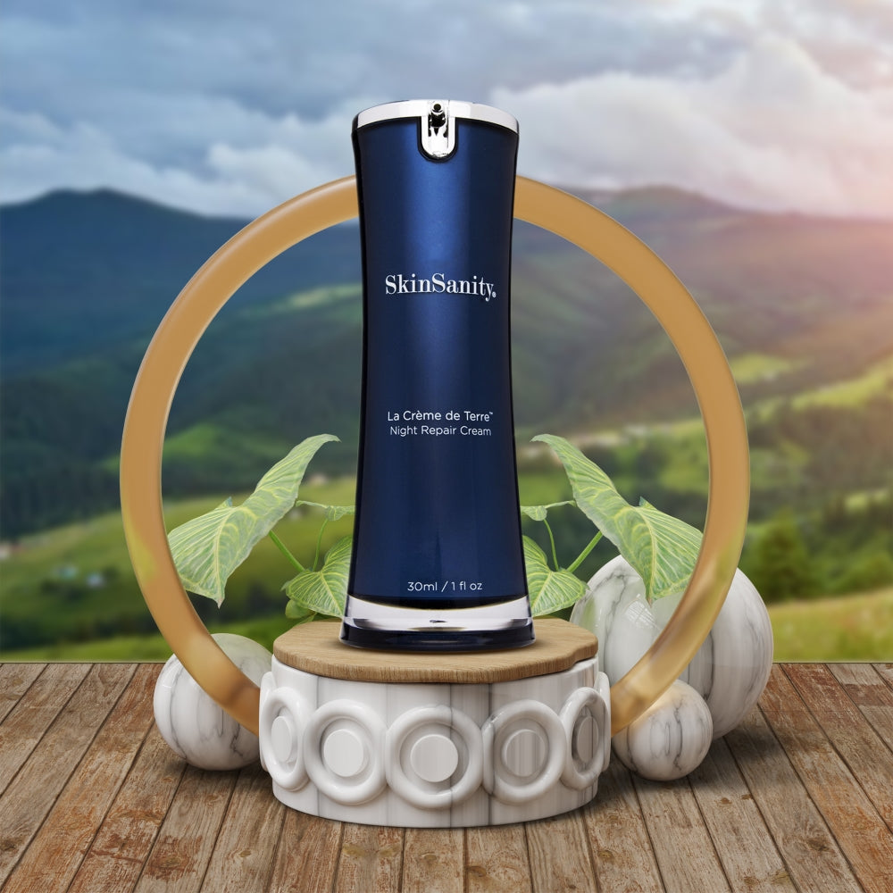 SkinSanity® Le Creme de Terre night cream in a jar, showcasing a luxurious, natural skincare product from Best Clean Beauty.