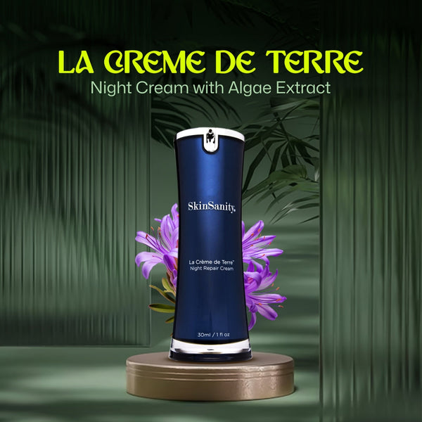 SkinSanity® Le Creme de Terre night cream jar with creamy texture and natural packaging, designed for overnight skin hydration.