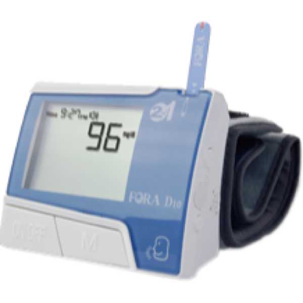 Pasteur Pharmacy FORA Care D10 2-in-1 blood glucose and blood pressure monitoring system showing the device and display screen.