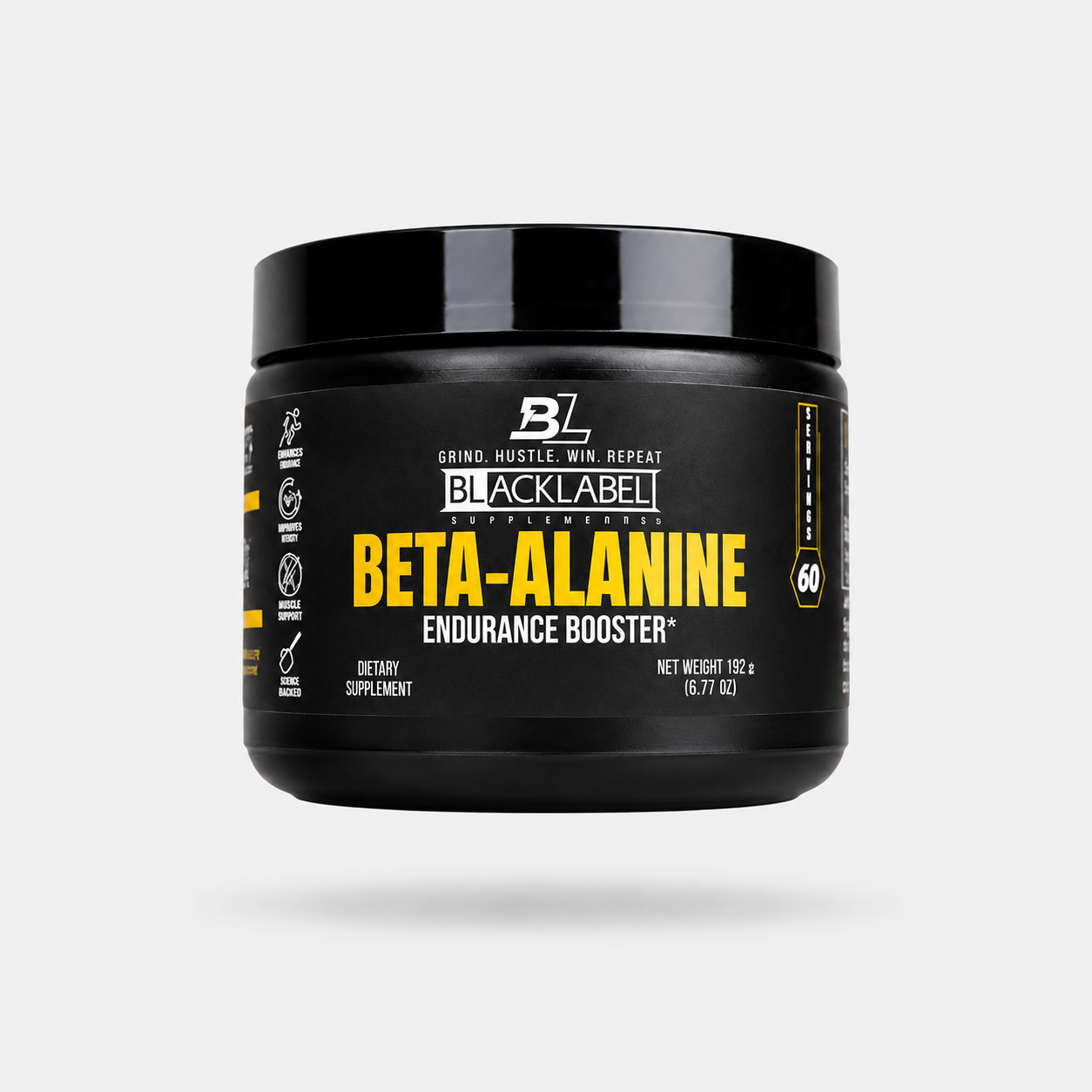 BlackLabel Supplements Beta-Alanine powder in a clear container, showing the supplement's white granulated texture.