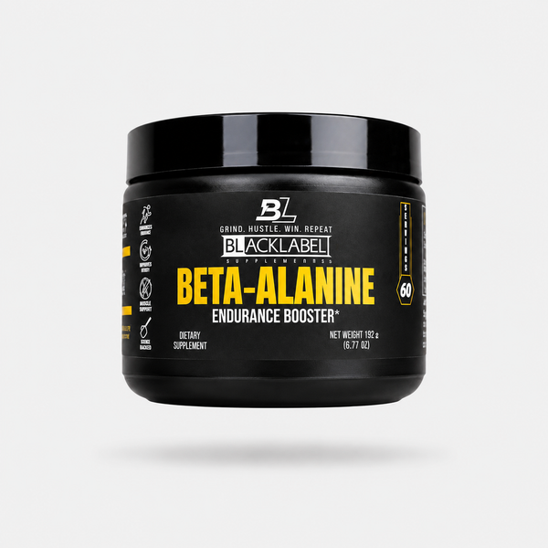 BlackLabel Supplements Beta-Alanine powder in a clear container, showing the supplement's white granulated texture.