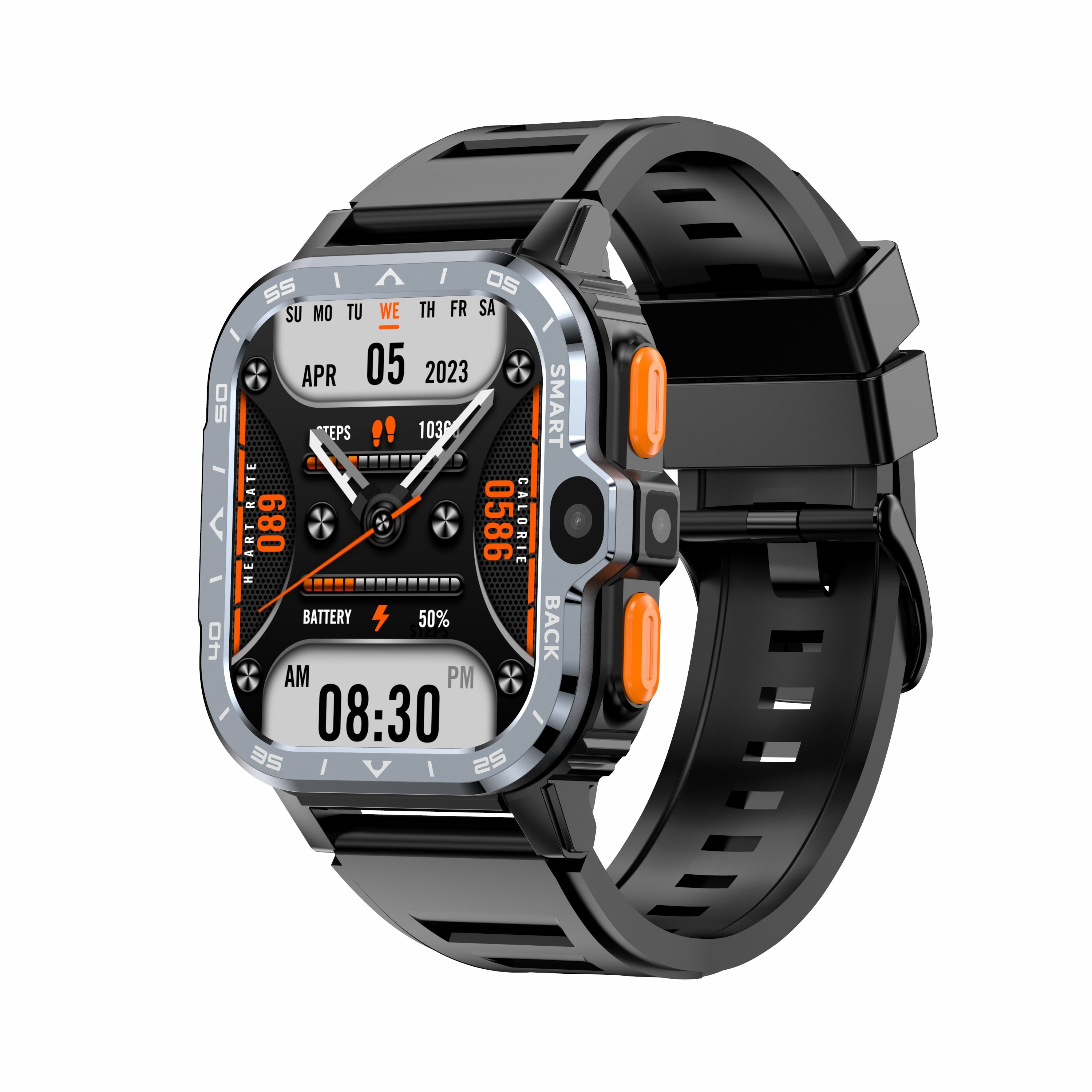 V.I.P Digital Presence AP8 smart watch with 4G, dual HD camera, WiFi, and health monitoring features displayed on the screen