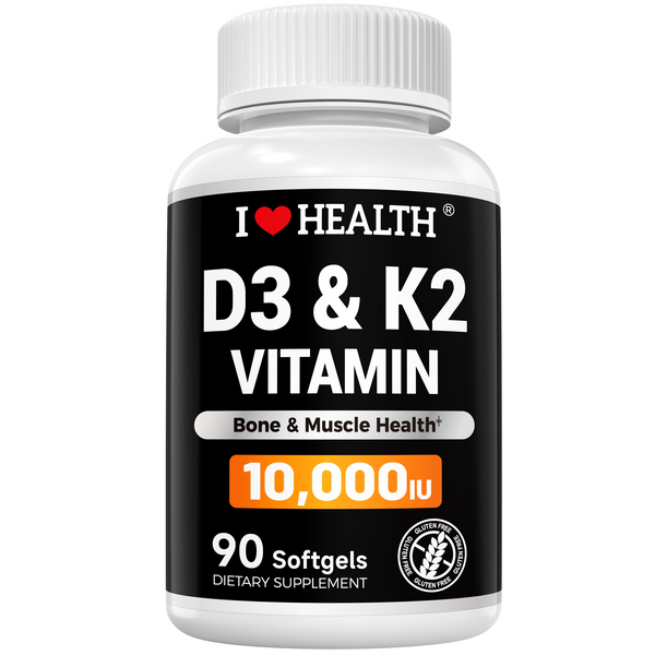 Vitamin D3 10000 IU with K2 supplement from I Love Health Store, 90 softgels, supports bone, heart, and immune health.