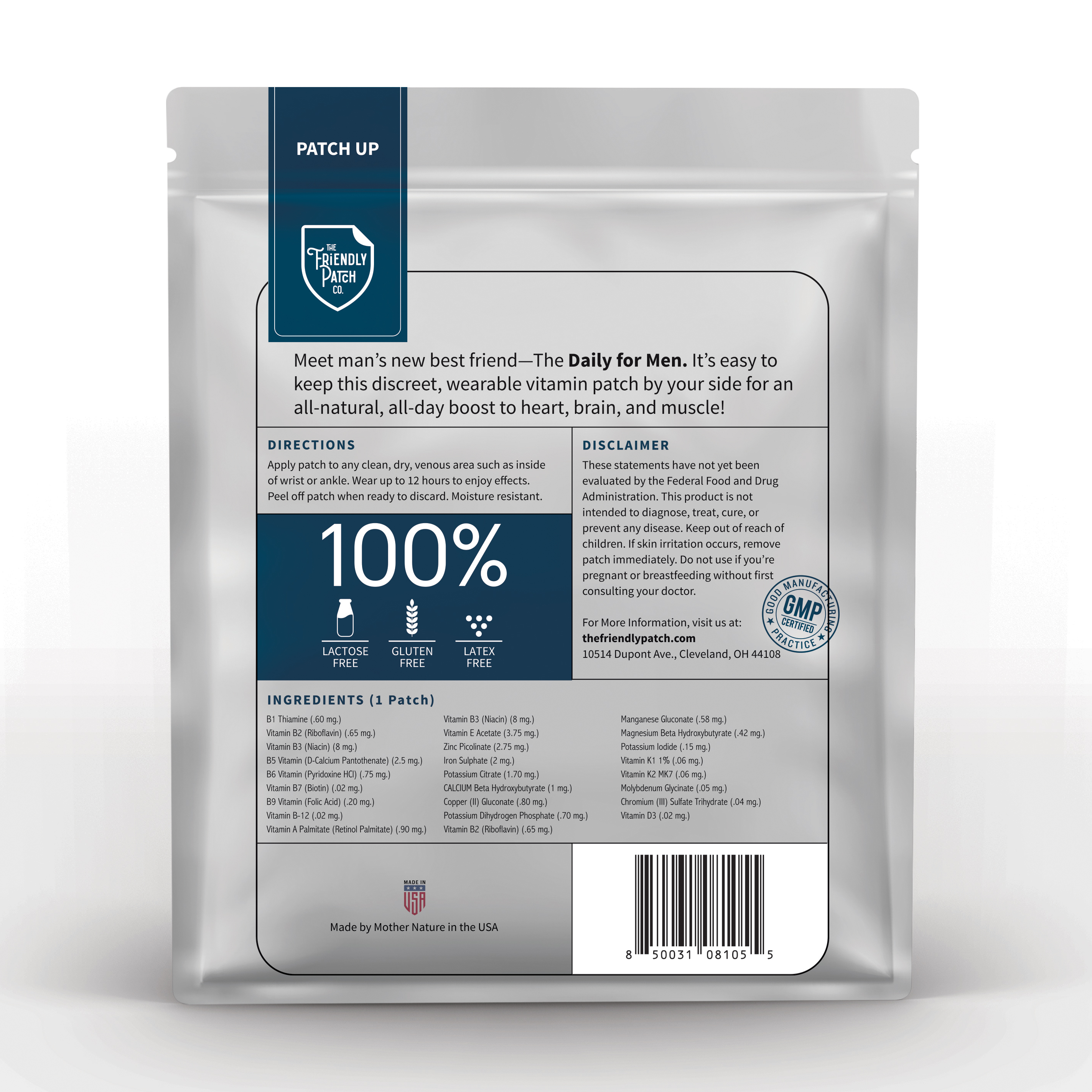 Transdermal men's vitamin patches by Friendly Patch Co, 12-hour daily support, showing 28-pack of adhesive supplement patches.