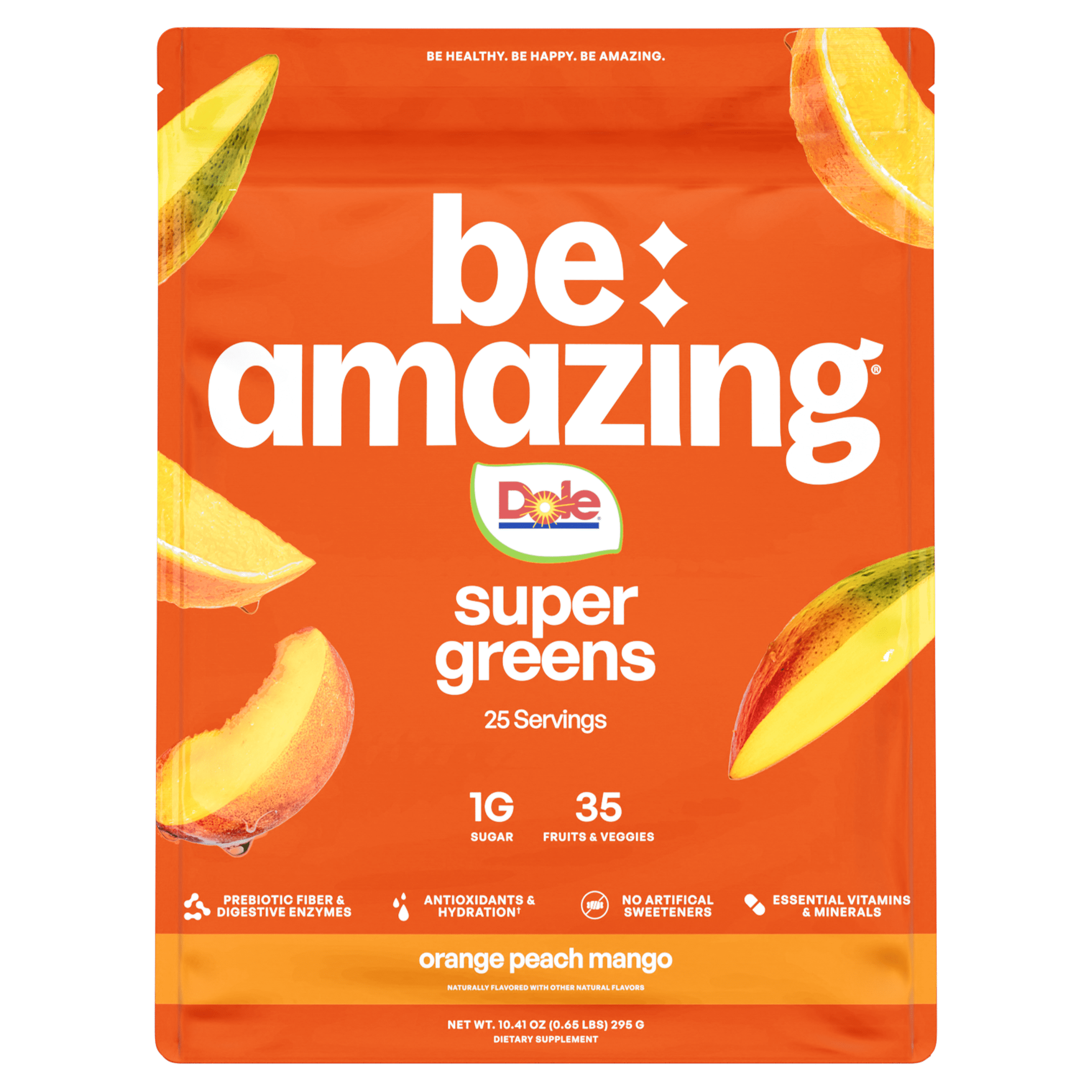Be Amazing Super Greens powder with Dole orange, peach, and mango flavors in a vibrant green mix.