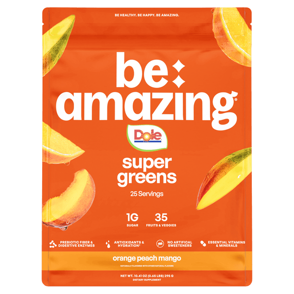 Be Amazing Super Greens powder with Dole orange, peach, and mango flavors in a vibrant green mix.