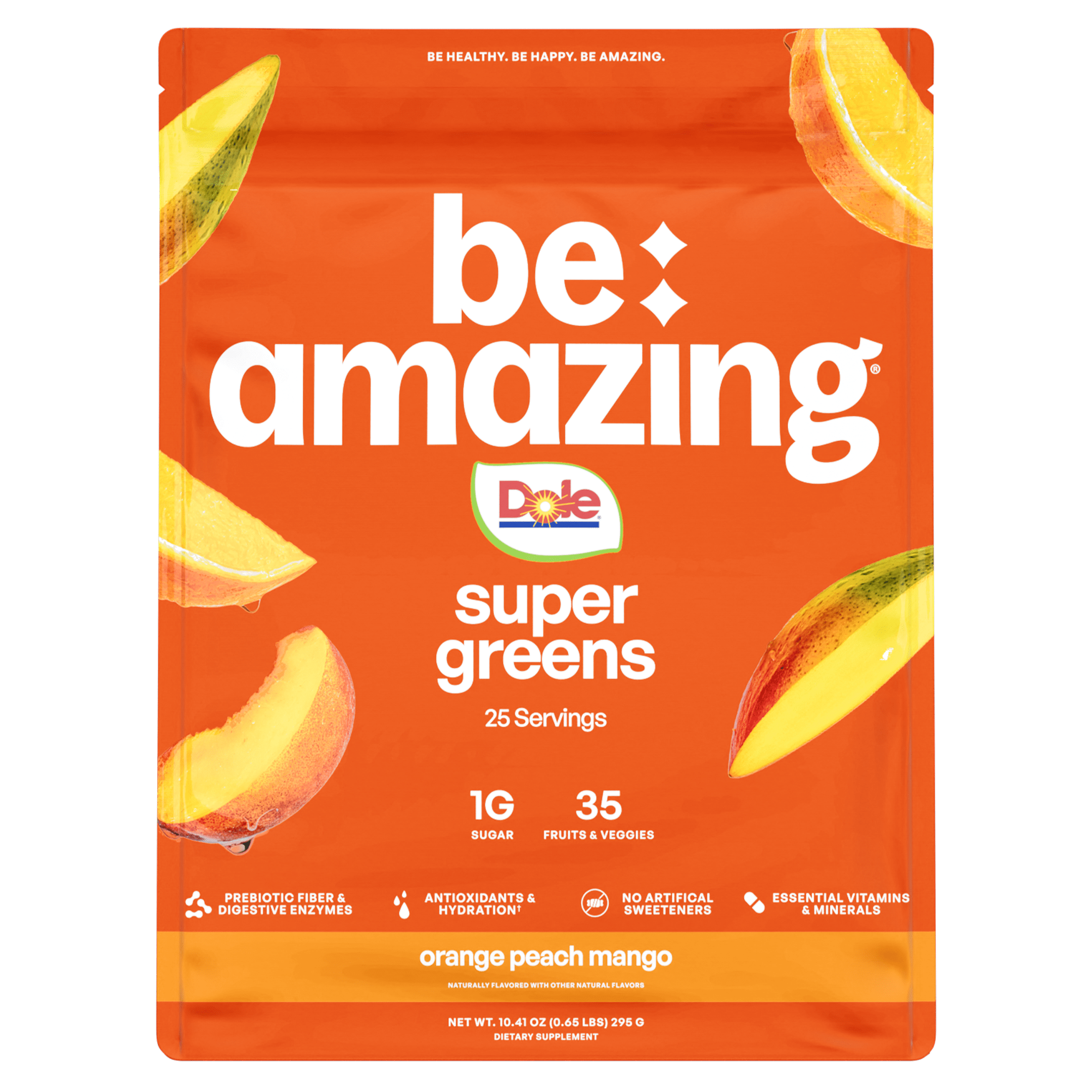 Be Amazing Super Greens juice with orange, peach, and mango flavors in a vibrant bottle.