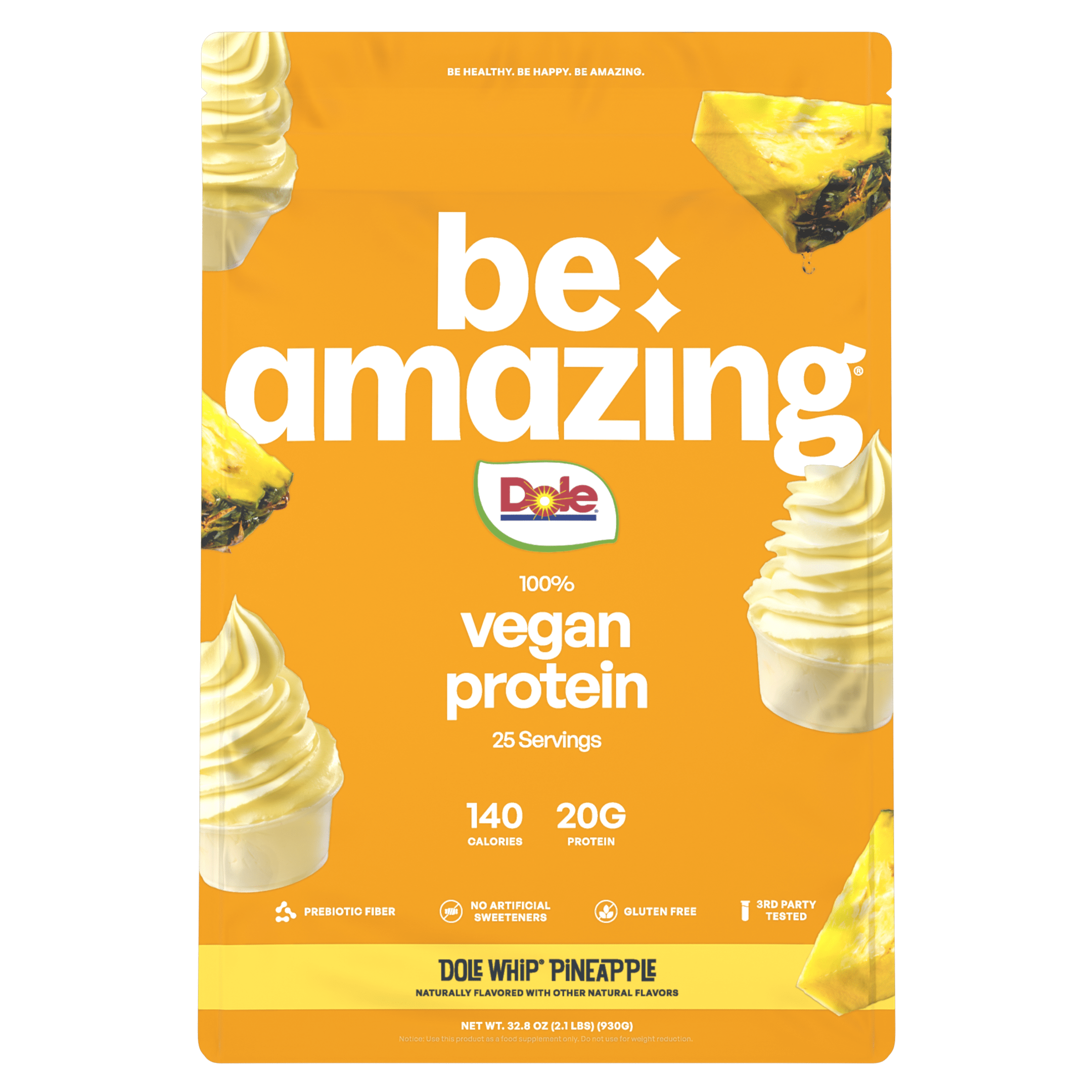 Be Amazing vegan protein powder with Dole Whip pineapple flavor, shown in a scoop on a white background.