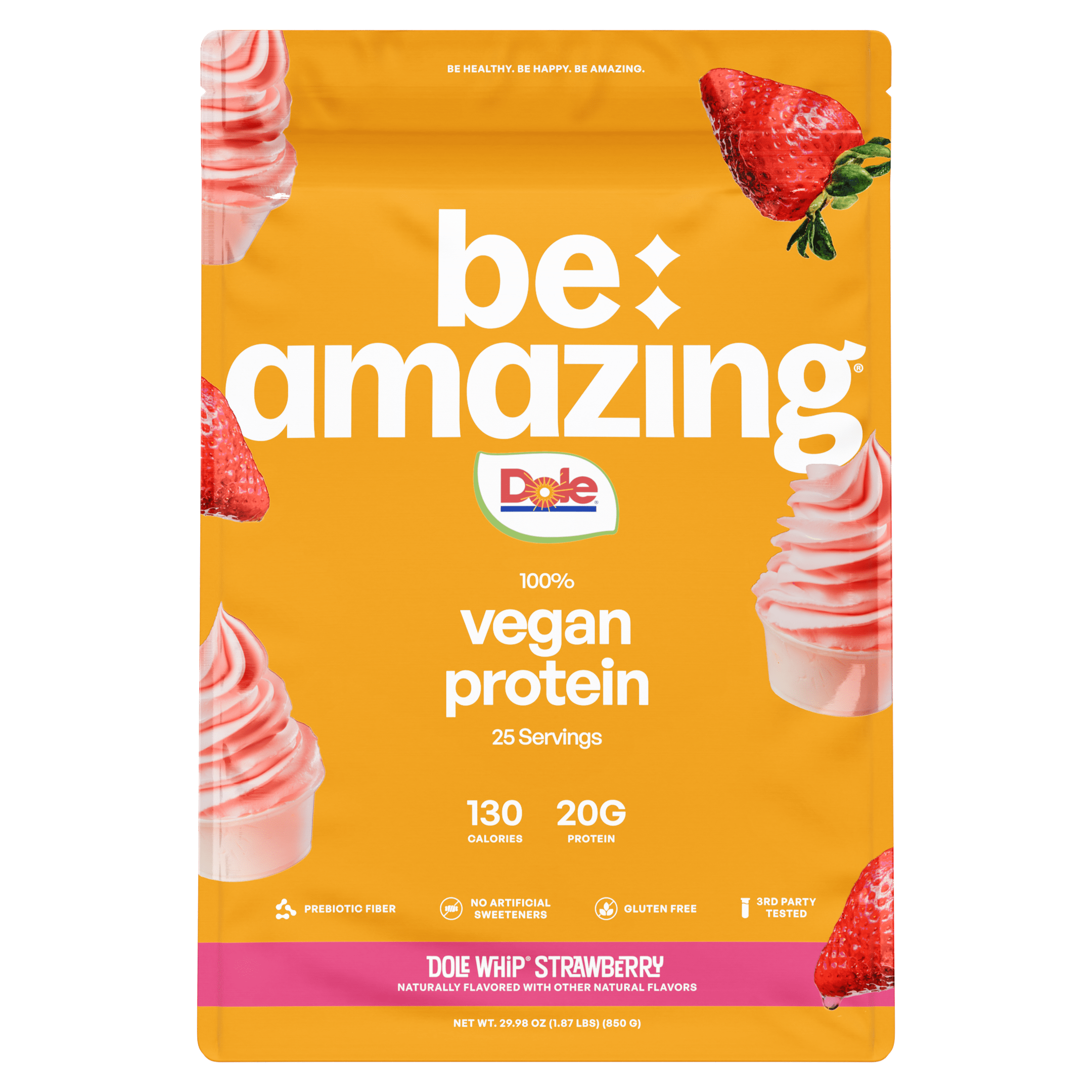Vegan protein powder by Be Amazing with Dole Whip Strawberry flavor, shown in a container with a scoop and strawberry illustration.