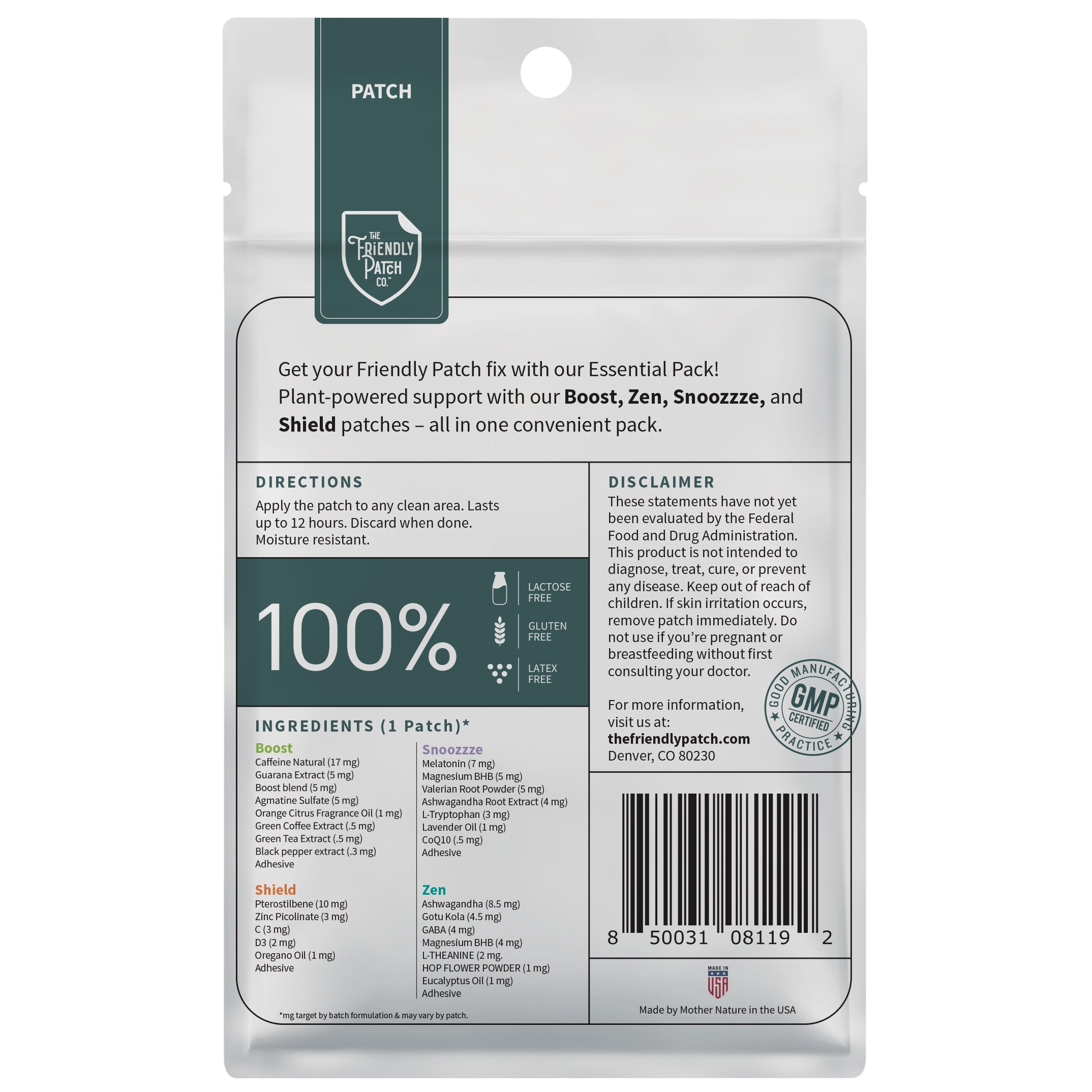 Friendly Patch Co Essentials Vitamin Patches for energy, sleep, stress relief, and immunity, shown in travel-compatible packaging.