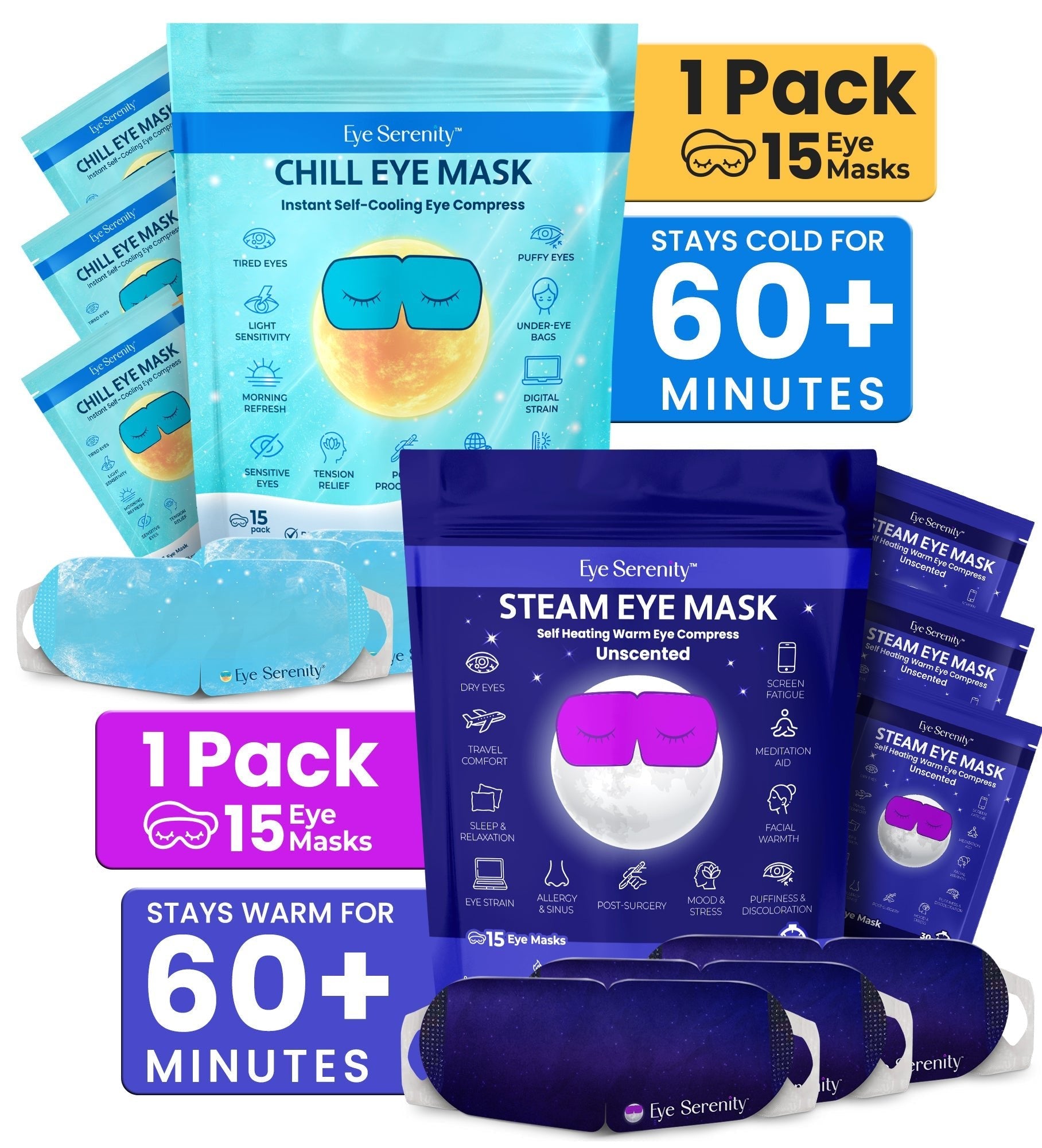 Lure Essentials steam and chill eye mask bundle, unscented and relaxing eye masks for soothing comfort and eye care.