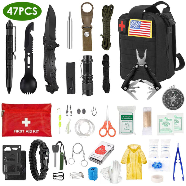 47-piece emergency survival kit with first aid supplies and tools in a pouch, ideal for hiking, hunting, camping, and disaster preparedness.