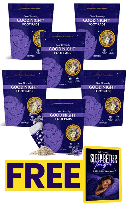 Lure Essentials Good Night Sleep + Detox Foot Pads in a six-pack, showing adhesive pads designed for foot detox and relaxation.