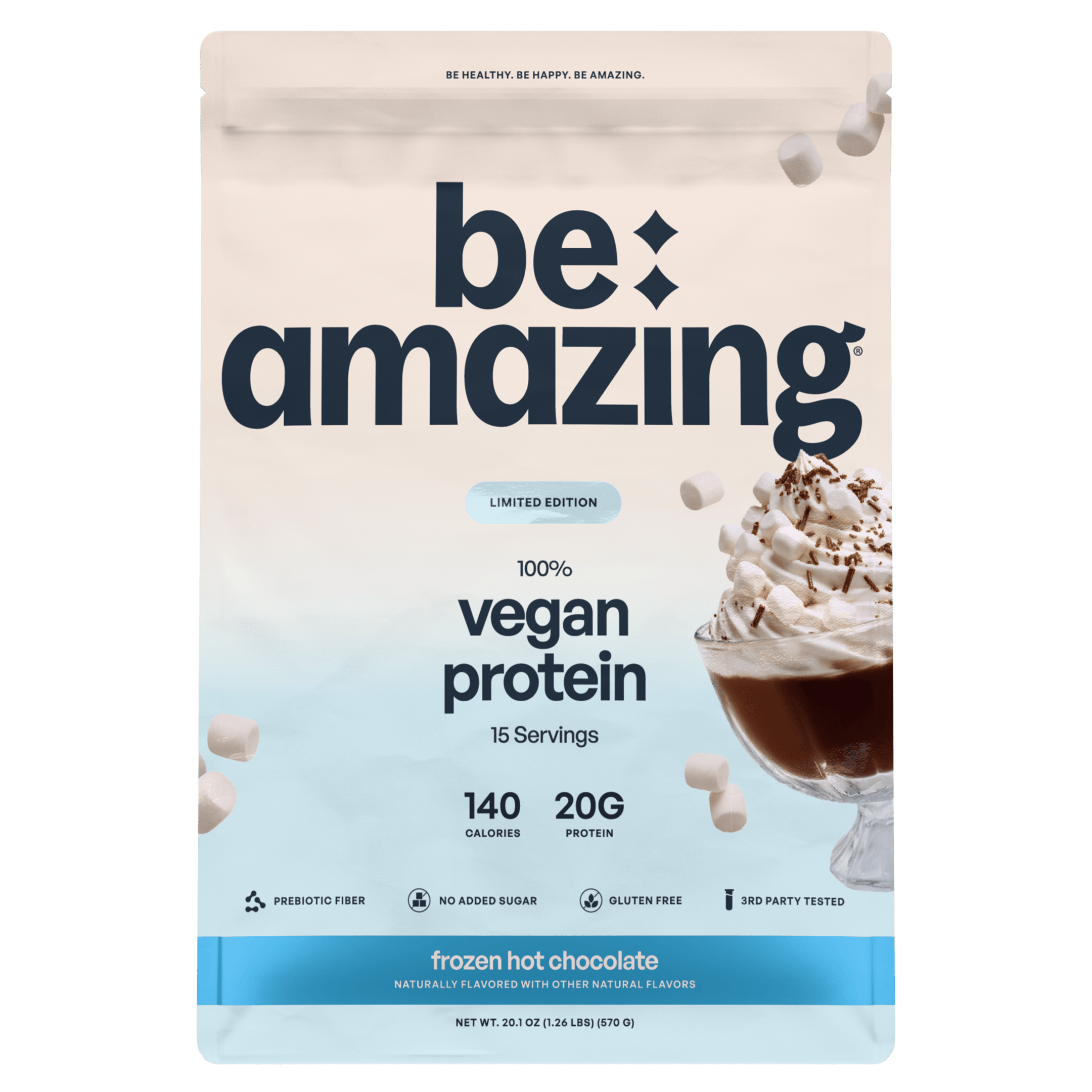 Frozen hot chocolate vegan protein powder from Be Amazing, displayed in a container with a scoop and chocolate-flavored ingredients.