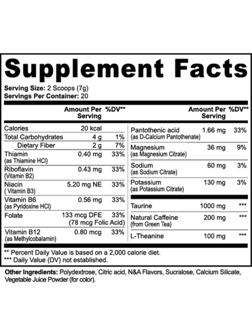 Midwest Method Energy Powder in Fruit Punch flavor, a pre-workout supplement with supplement facts label visible.