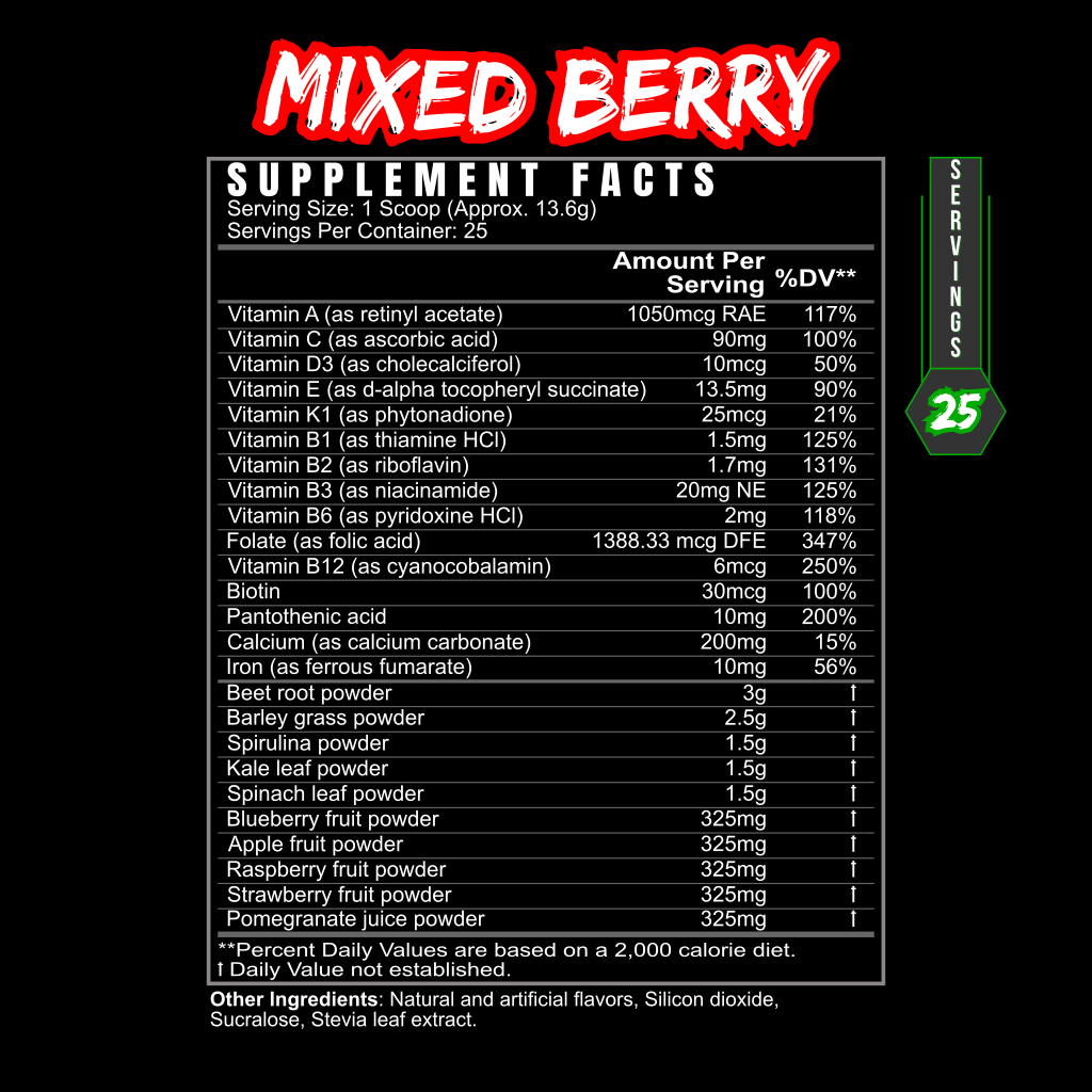 BlackLabel Supplements Performance Greens mixed berry flavor in a supplement facts label showing nutrition information.