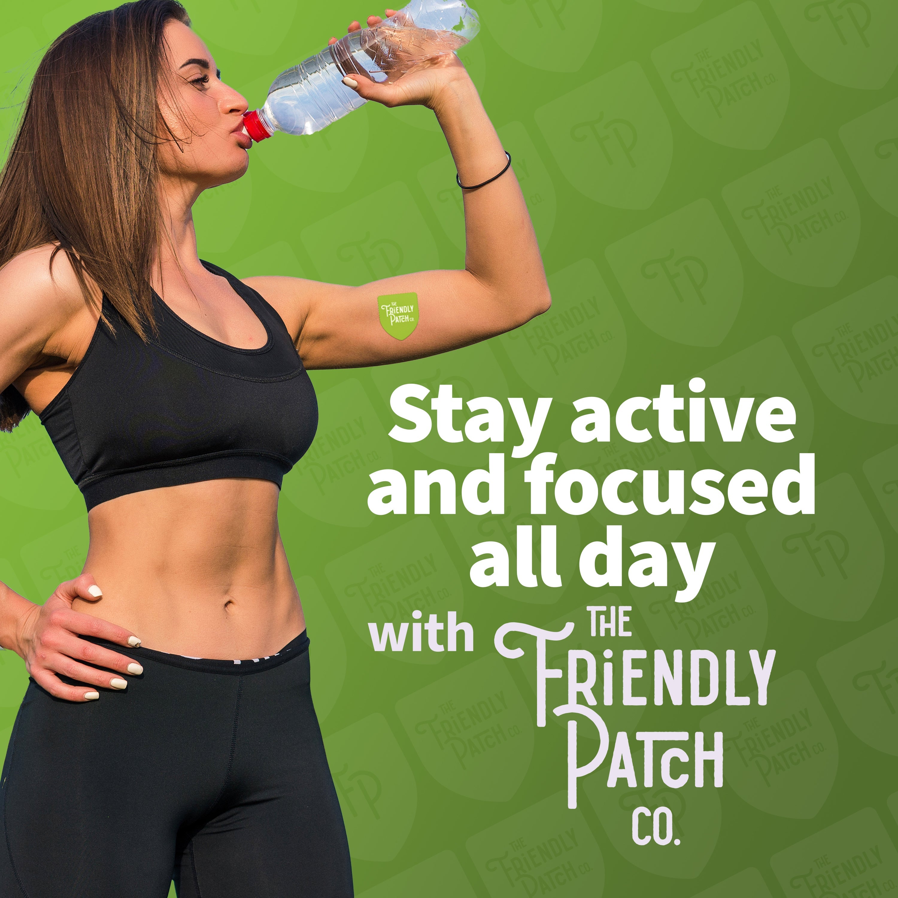 Green tea, guarana, and caffeine energy patches from Friendly Patch Co, wearable skin supplement for boost of energy.