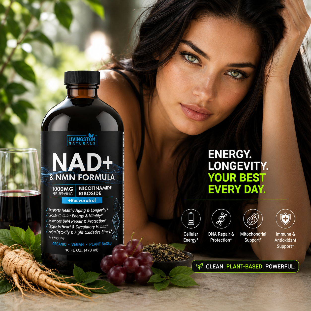 Close-up of a person with vibrant green eyes, highlighting vitality and health associated with VeggieVerve's NAD+ and NMN anti-aging formula.