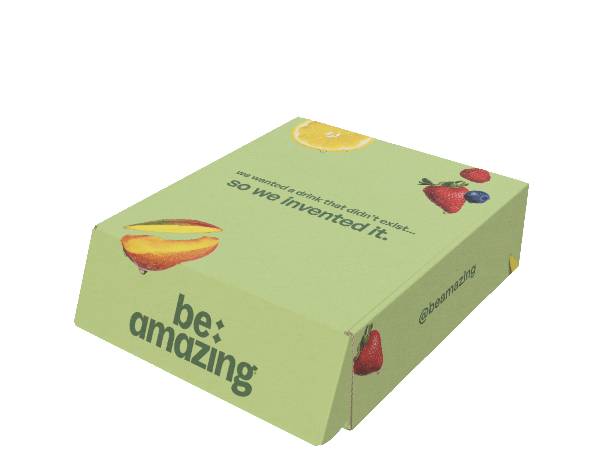 Be Amazing Daily Greens Drink RTD in a box, showing vibrant green bottles with fresh greens and natural ingredients.