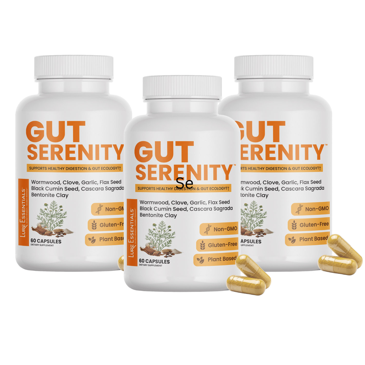 Lure Essentials Gut Serenity 4-in-1 colon and gut cleanse kit with cupping and massage tools, shown in a neatly arranged bundle.
