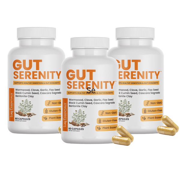 Lure Essentials Gut Serenity 4-in-1 colon and gut cleanse kit with cupping and massage tools, shown in a neatly arranged bundle.