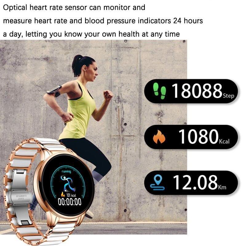 Stevvex ceramic smart fitness watch for women with steel band, heart rate and blood pressure monitor, compatible with Android and iOS.