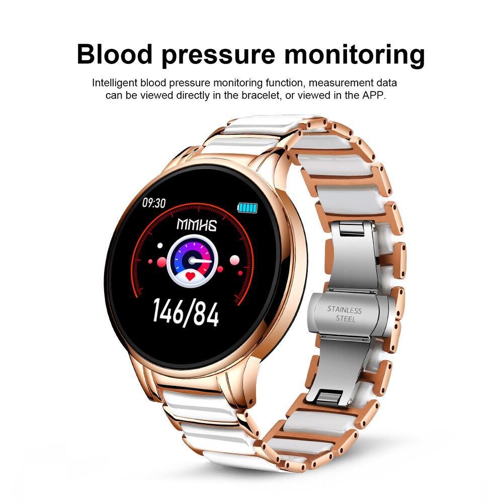 Stevvex ceramic smart fitness watch for women with steel band, heart rate and blood pressure monitor, compatible with Android and iOS.